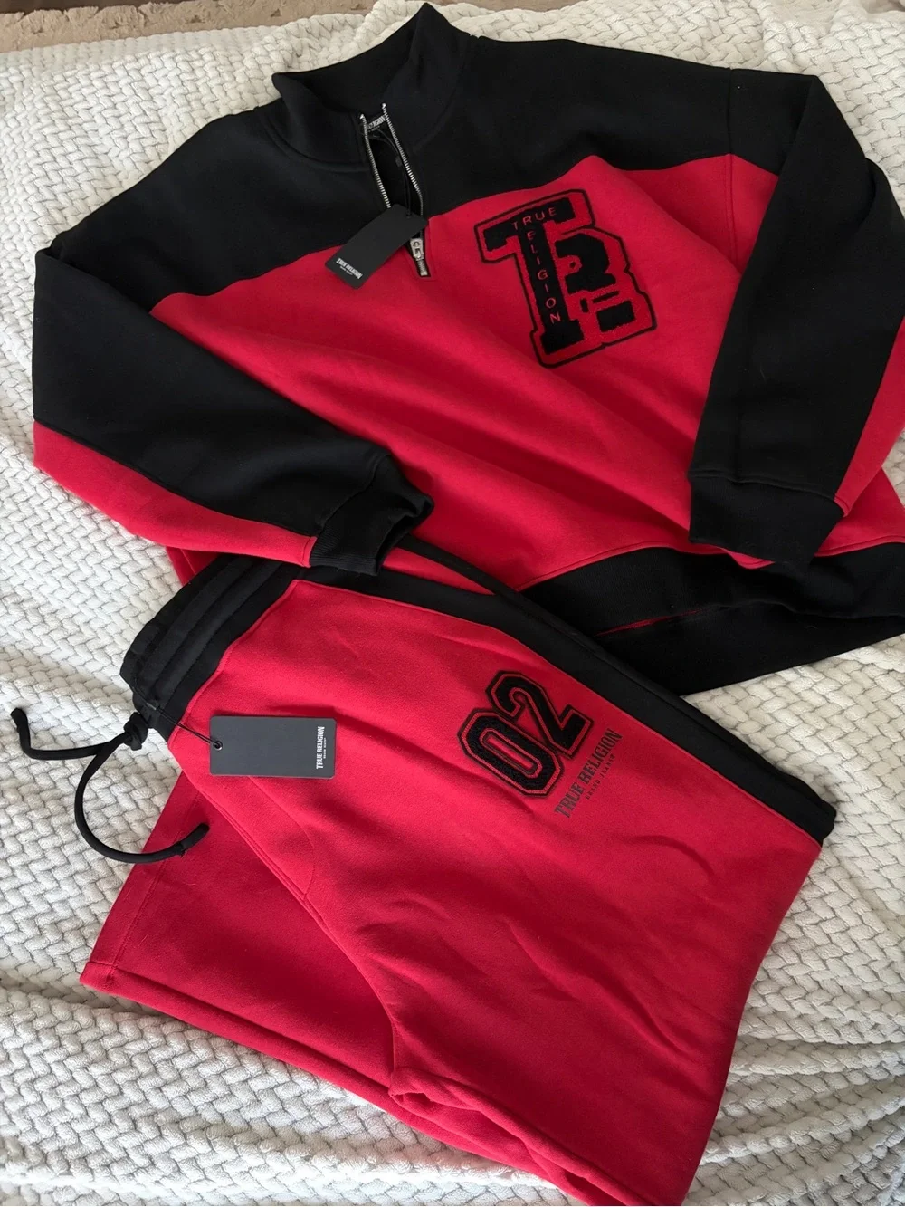 True Religion Red and Black Colorblock Sweatpants with Tag